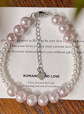 国风复古粉紫曼塔玫瑰色人造水晶珍珠手链手串