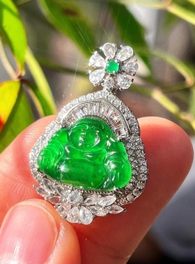国风复古天然高冰起光天然帝王绿翡翠佛公吊坠 支持复检