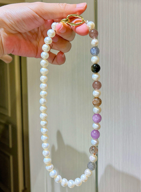 9-10mm天然淡水珍珠月光石紫锂辉黑金超七草莓晶设计感项链锁骨链