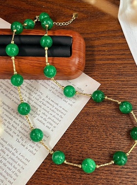 大颗粒复古绿色人造干青满天星锁骨链菠菜绿圆珠项链女