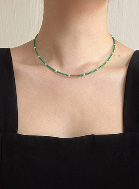 国风复古祖母绿色人造猫眼石设计感锁骨链项链