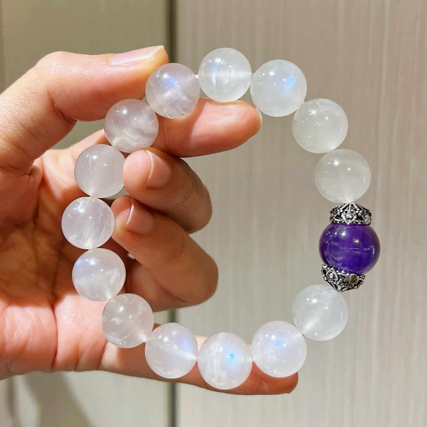 925银12-13mm大颗粒颗颗蓝光月光石紫水晶手链手串
