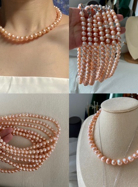 9-10mm天然无核粉橙色珍珠项链简约时尚百搭韩版珍珠项链支持复检