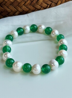 天然淡水珍珠配上天然绿玉髓手链简约时尚百搭小清新手链女