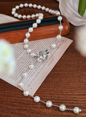 人造珍珠花朵仿珍珠项链女多种戴法长款毛衣链锁骨链颈链