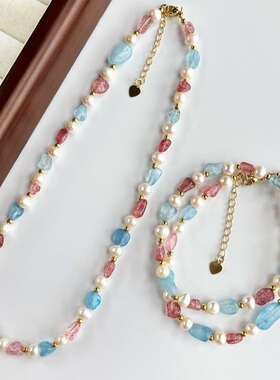 秋冬法式ins糖果色系天然淡水珍珠草莓晶海蓝宝石项链锁骨链