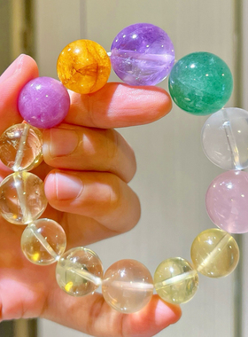 13-19mm天然柠檬黄粉晶胶花奶白晶紫锂辉多宝手链