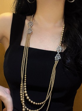 秋冬高光美拉德金咖色施家珍珠多种戴法毛衣链项链锁骨链女