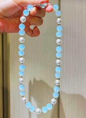 高品质冷白施家珍珠人造月光石设计感毛衣链项链颈链