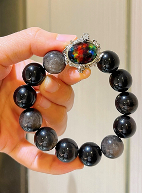 14mm大颗粒天然银曜石加拿大斑彩暗黑色系手链手串