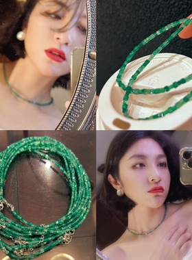 天然绿玉髓小方糖项链小众锁骨链choker颈链祖母绿色