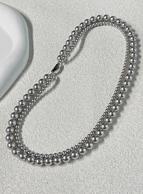 双层叠戴真多麻灰色施家珍珠项链女轻奢小众气质锁骨链项链女