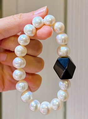 10mm天然淡水珍珠黑曜石设计感手链