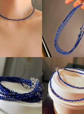 2mmbaby珠天然切面青金石锁骨链项链choker颈链可调节