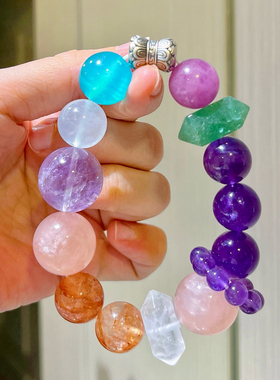 925银14-18mm天然柠檬黄粉晶胶花紫水晶紫锂辉月光石多宝手链手串