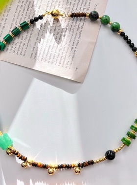 国风复古设计感美拉德撞色天然东陵玉虎眼石黑玛瑙人造绿松石项链