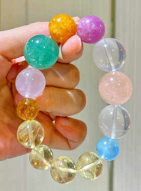 12-19mm天然柠檬黄粉晶胶花奶白晶海蓝宝紫锂辉多宝手链