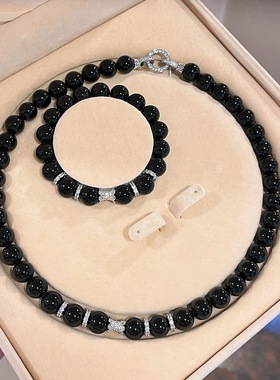 母亲节特惠10mm天然黑玛瑙项链手链套装配礼盒