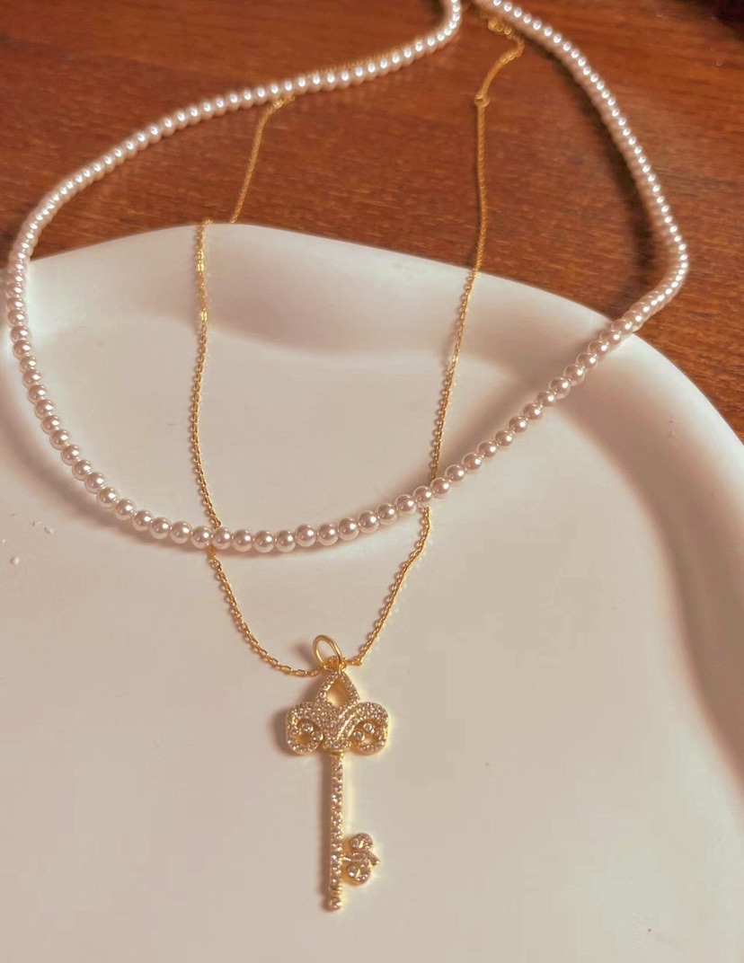 S925银施家珍珠钥匙双层叠戴款项链时尚百搭小清新款项链