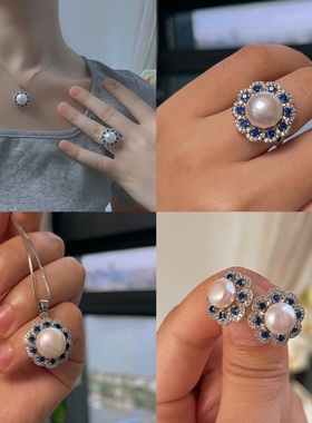 天然淡水基本无暇吊坠戒指耳钉三件套简约时尚百搭韩版