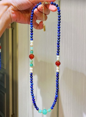 秋冬天然淡水珍珠青金石设计感项链毛衣链