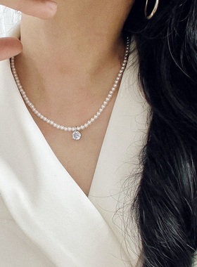 秋冬法式ins清冷色系氛围感人造水晶珍珠项链锁骨链吊坠