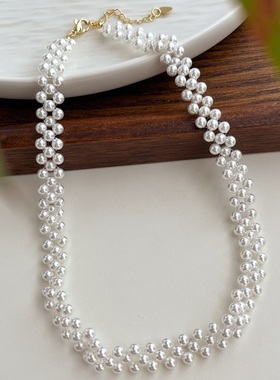 国风复古冷白正圆强光编织仿澳白珍珠项链晚装链