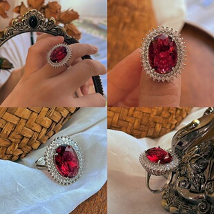 钢琴烤漆工艺人造红宝石戒指时尚百搭轻奢满钻戒指女