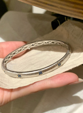 S925纯银拉丝蓝宝石手镯女款中古风高级感小众设计手镯小红书爆款
