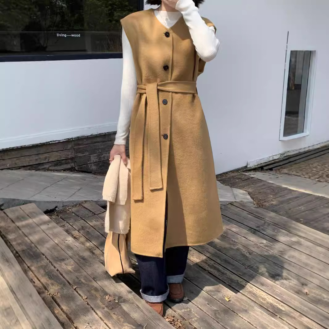 6160 韩版25年秋冬新款毛呢开衫外套气质无袖百搭羊毛大衣女