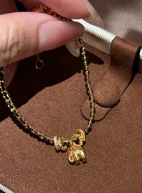 纯银S925大象编织黑金红绳手链设计小蛮腰手链中古手饰轻奢百搭