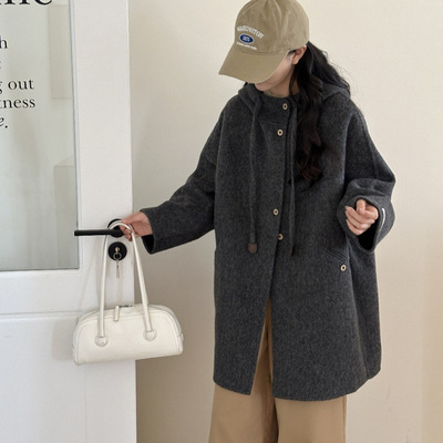 双面羊绒大衣女中长款韩版宽松连帽休闲双面呢加厚羊毛呢外套秋冬