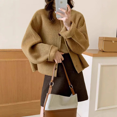 2025秋冬新款韩版双面羊绒大衣女短款圆领小香风斗篷羊毛呢子外套