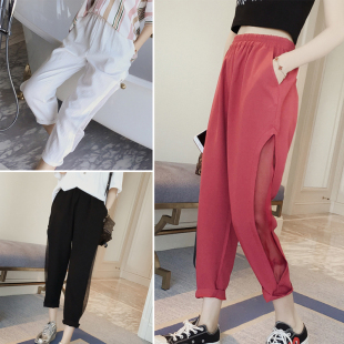 女拼接休闲裤 宽松高腰学生网纱雪纺哈伦裤 子潮 夏秋韩版 2025年新款