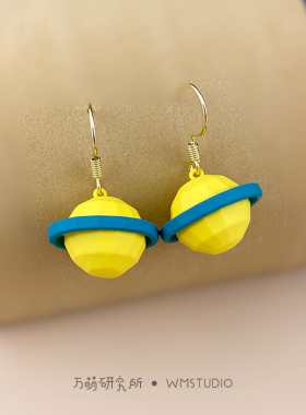 你是宇宙中心！旋转星球纯银耳环夹立体特别设计小众磨砂质感黄色