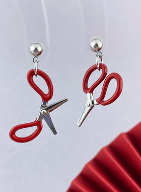 剪不断理还乱｜复古红色剪刀个性纯银耳环饰夹钉小巧可爱创意趣味