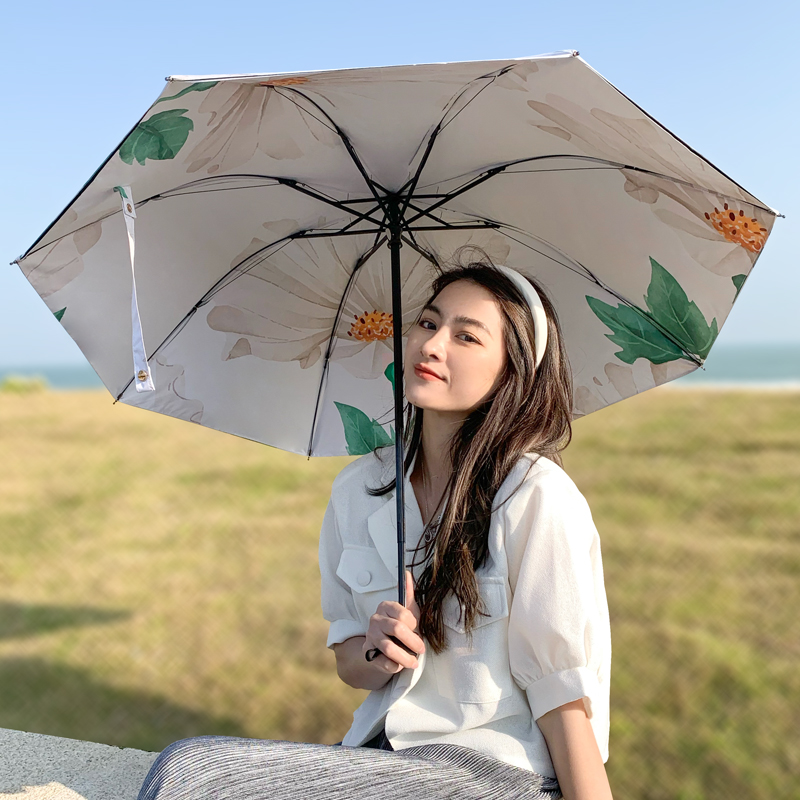 双层防晒防雨太阳伞白菊印花女神遮阳伞折叠晴雨伞两用防紫外线