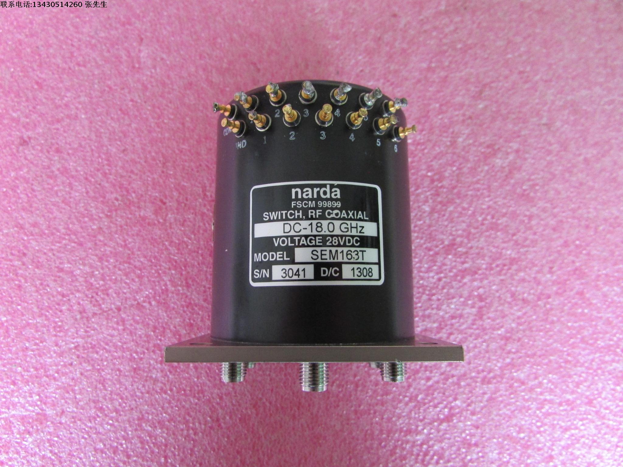 NARDA SEM163T SP6T DC-18GHz 450W  28V SMA 射频微波继电器同轴开关   质量包好，包能用  可提供详细测试图 请放心购买 频率范围：DC-18GHz  带内匹配50欧姆负载 插损：0.4dB 隔离度：80dB 输入最大功率：450W 工作电压：28