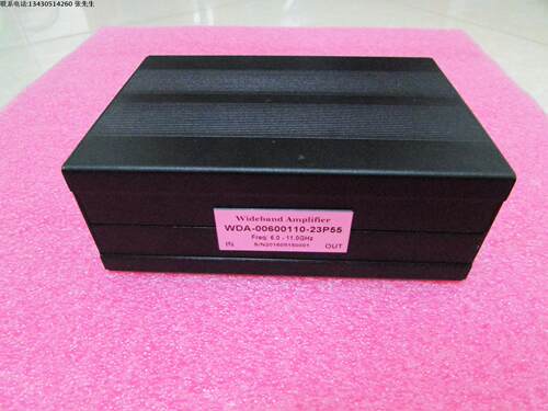 6-11GHz 55dB 23dBm  微波超宽带放大器 宽带中功率放大器 特性 &bull; 型号：WDA-00600110-23P55 &bull; 超宽带：6-11GHz  &bull; 增益：55dB typ &bull; 输出P1dB点：23dBm typ &bull; 噪声系数:6 dB Typ &bull; RF输入接头: SMA母 &bull;