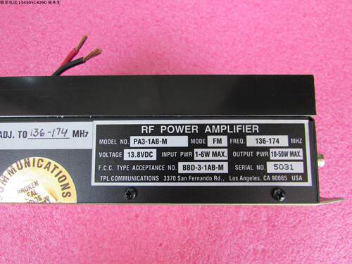 TPL进口 PA3-1AB-M 136-174MHz VHF接头 射频微波功率放大器  型号：PA3-1AB-M  工作频率：136-174MHz INPUT POWER: 1-6W(MAX)   OUTPUT POWER ：10-50W(MAX) 工作电压：+13.8V 接头： VHF