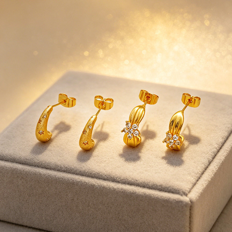 沙金色个性设计耳钉仿真黄金女古风密镶锆石耳饰时尚保色新款耳环