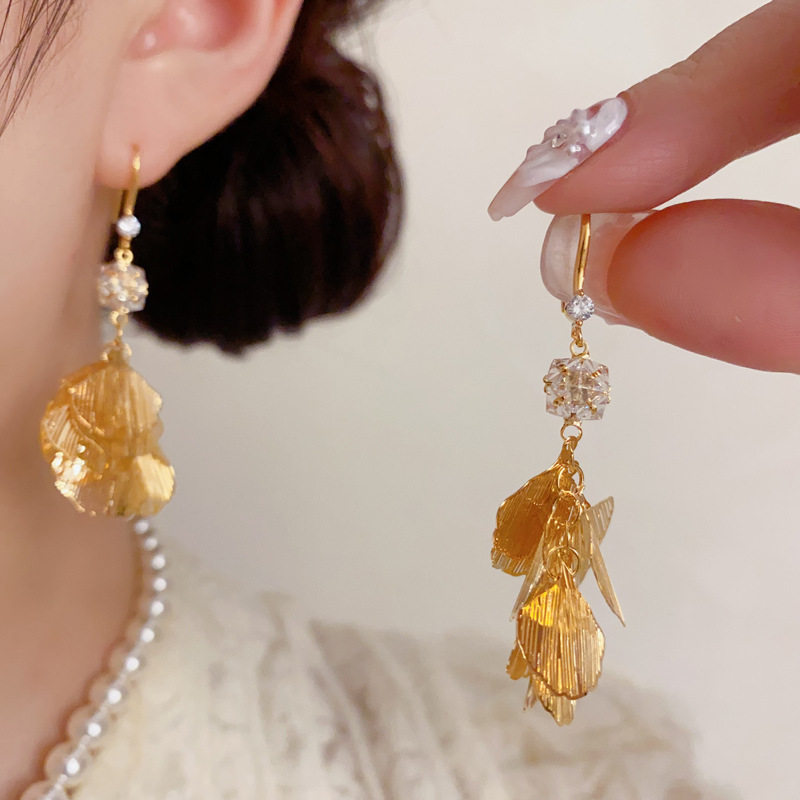 金色花朵流苏耳环女长款