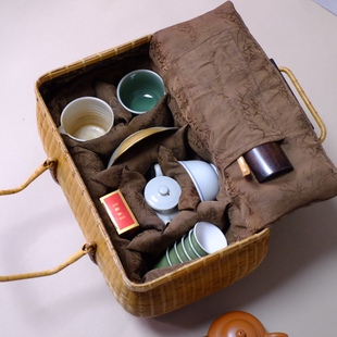 竹编提篮大号内胆竹纹香云纱夏梦茶箱原创手工旅行便携茶具收纳包