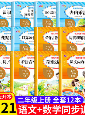 2021新版全国通用语文数学同步训练二年级上册口算题卡搭配看图说话写话小学生专项一日一练 辅导同步语数教材大开本一升二人教版2