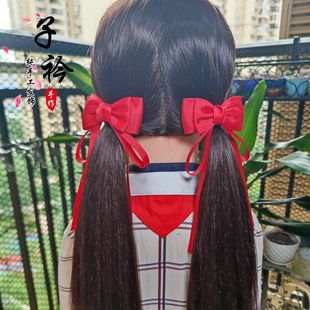 儿童大红色蝴蝶结飘带发饰班服校服头饰发夹头花宝宝鲜红色对夹