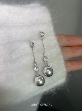 通体S925银不褪色！法式优雅进口奥地利施家珍珠水滴锆石耳钉银灰