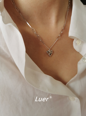 通体纯银不褪色!原创性冷淡不规则拼接百搭项链立体爱心毛衣链ins