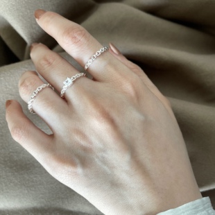 自留！白银色 绝美！原创链条戒指镶钻闭口 通体S925银不褪色