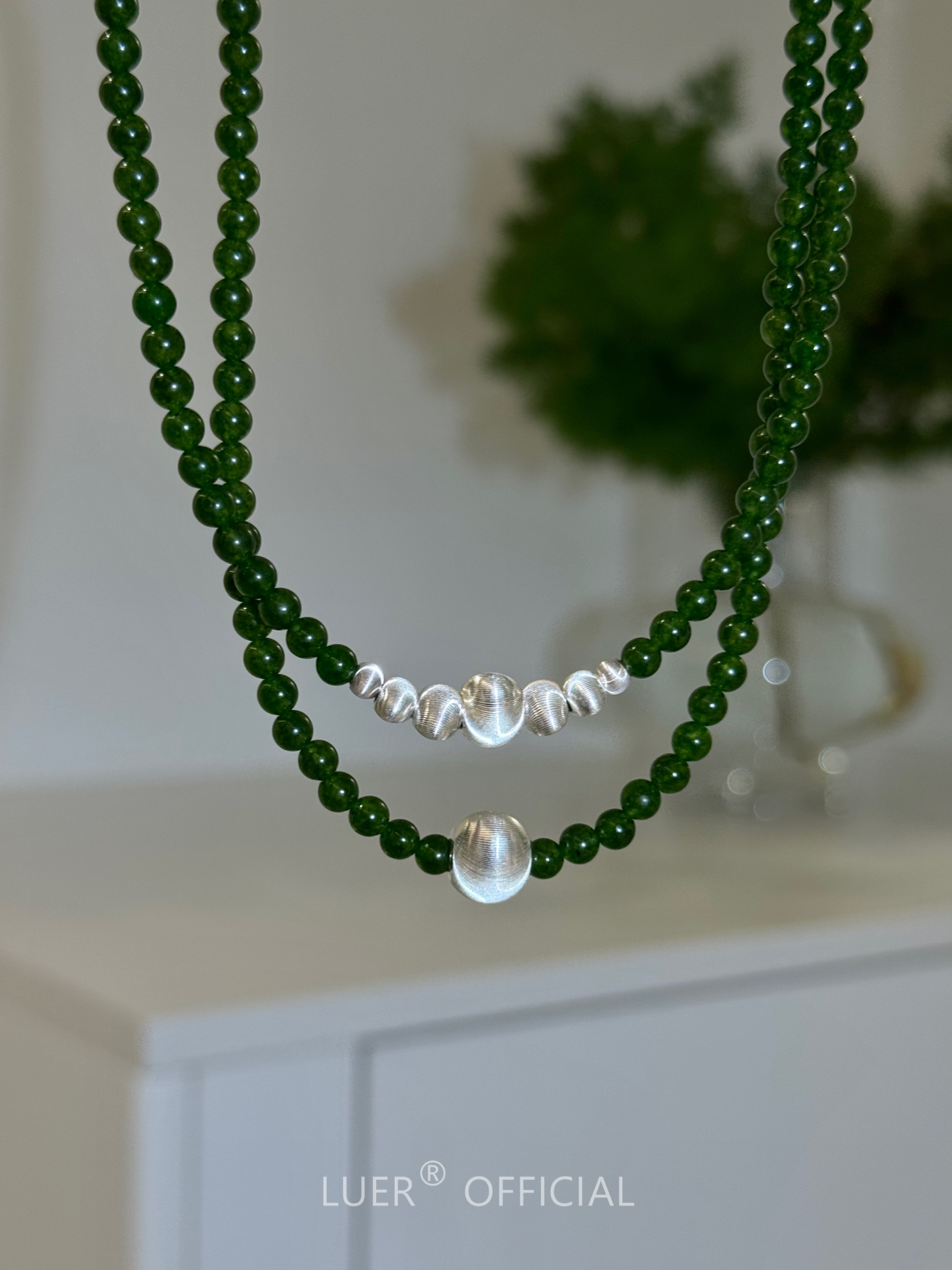 回馈!通体纯银!新中式!渐变丝绸光拉丝猫眼银球绿玉髓项链锁骨链