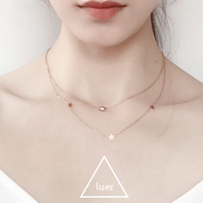 luer纯银镀玫瑰金镀白金不易褪色双层圆珠星星锁骨项链 （两色）